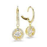 Pair of gold-toned hoop earrings with clear round crystals. Each dangles a circular pendant with a large central round crysta