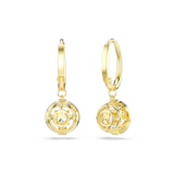 Pair of gold-toned hoop earrings with dangling circular charms. Each charm has a gold-toned openwork geometric design surroun