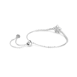 Silver-toned chain bracelet with a sliding ball clasp. One end has a logo charm, the other a crystal-encrusted star.
