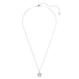 Silver-toned necklace with a delicate chain. The star-shaped pendant features a larger clear crystal in the center, surrounde