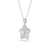 Silver-toned chain necklace with a star pendant covered in clear crystals, featuring a larger round crystal at its center.