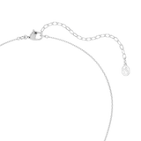 Silver-toned necklace clasp with a lobster claw, an extender chain of oval links, and a small octagonal tag with a swan logo.