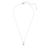 Silver-toned necklace with a delicate chain. Pendant features a clear crystal bail and a star-shaped design with two blue cry