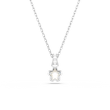 Silver-toned link chain necklace with a small, star-shaped pendant featuring a faceted, clear opalescent stone in a silver-to