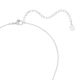 Silver-toned necklace with a lobster clasp, a fine chain, and an extender chain with larger oval links and a swan logo tag.