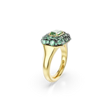 Gold-toned cocktail ring with a central light green octagon-cut crystal surrounded by smaller green crystals.