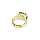 Gold-toned signet ring with a domed cluster of small round green stones set in a darker-toned frame.