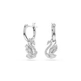 A pair of small silver-toned hoop earrings, each with a white crystal-encrusted swan charm dangling from it.