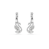 Pair of silver-toned hoop earrings with dangling swan charms. Each swan is encrusted with clear crystals.