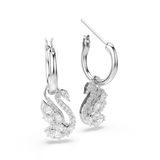 Pair of silver-toned hoop earrings. Each features a swan charm encrusted with clear marquise and round crystals.