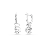 Pair of silver-toned hoop earrings with dangling swan charms. Each swan is openwork and adorned with clear crystals.