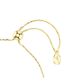 Gold-toned chain bracelet with a spherical adjuster bead and an octagonal charm featuring an embossed swan logo.