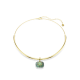 Gold-toned choker necklace with rigid front bar and rectangular pendant featuring a green central stone and darker green pavé