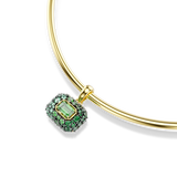 Gold-toned rigid choker with a rectangular pendant featuring a central emerald-cut light green stone surrounded by dark green