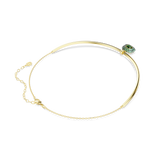 Gold-toned choker with a rigid curved band front and a delicate chain back. Features an oval charm embellished with green cry