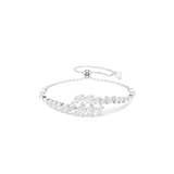 Silver-toned bolo bracelet with a central cluster of marquise-cut clear stones, transitioning to single rows of stones and a