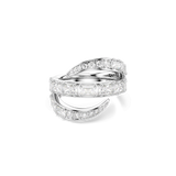 Silver-toned wrap ring with three bands. The central band features rectangular clear stones, and the two outer curved bands f