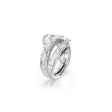 Silver-toned multi-band crossover ring embellished with clear baguette and round brilliant-cut crystals.