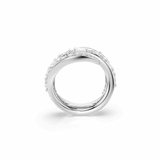 Silver-toned ring with two intertwined bands, one fully encrusted with clear baguette and round stones, the other partially.