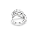 Silver-toned crossover ring with multiple bands. The bands are adorned with clear, round-cut stones along their top and sides