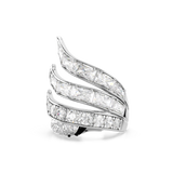 Silver-toned multi-band ring with three curving bands. Top two bands feature baguette-cut clear stones, bottom band has round