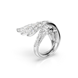 White rhodium-plated swan motif wrap ring, embellished with clear baguette and pavé-set crystals.
