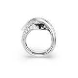 Silver-toned ring with two intertwined bands. One band is fully crystal-encrusted, the other forms a crystal-encrusted swan h