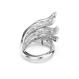 Silver-toned ring with multiple wavy bands. Upper bands feature clear baguette stones; lower bands have clear round pavé ston