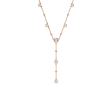 Rose-gold toned Y-necklace featuring multiple round, clear bezel-set crystals and small spherical beads along the chain.