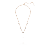 Rose gold-toned Y-necklace with a dotted chain. Clear crystals on the main chain and a drop with a round and two teardrops.
