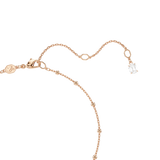 Rose-gold-toned necklace with a lobster clasp, an extender chain with a clear faceted stone, and a main chain featuring small