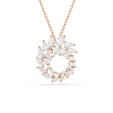 Rose-gold-toned necklace with a circular pendant featuring marquise-cut white crystals arranged in a cluster.