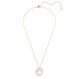 Rose-gold-toned necklace with a circular pendant formed by clustered clear faceted crystals of various shapes. Features a lob