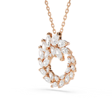 Rose gold-toned necklace with a circular pendant featuring clear marquise-cut crystals arranged in a swirling, leaf-like patt