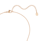 Rose-gold-toned necklace with a thin chain, lobster clasp, an extender chain with larger links, and an octagonal swan logo ta