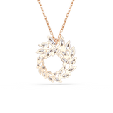 Rose gold-toned necklace with a circular pendant featuring clear, marquise-cut crystals arranged in a leaf-like wreath design