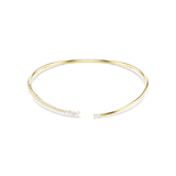 Gold-toned open-front torc necklace with a line of clear graduating crystal stones on one side and a single clear crystal sto