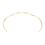 Gold-toned open torc necklace. One end has a line of small clear crystals ending in three larger ones; the other has a single