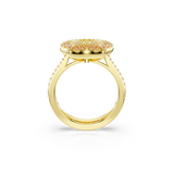 Gold-toned ring with a domed cluster of yellow, peach, and white crystals. The gold-toned band has small clear crystals on it