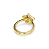 Gold-toned ring with a raised star-shaped top outlined in white crystals. The gold-toned band is partially set with white cry