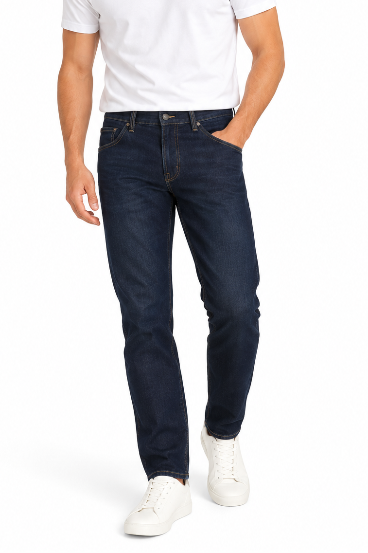 Dark blue straight-leg denim jeans featuring gold-toned stitching, rivets, and a button closure.