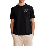 Black short-sleeved crew neck t-shirt with a white outline graphic of three polo players on horseback on the left chest.