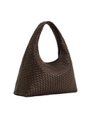Mocha brown woven hobo-style shoulder bag with a wide, integrated strap.