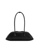 Black shoulder bag with an elongated, sleek shape, smooth material, and two long straps. Features a gold-toned top zipper.