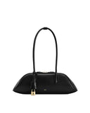 Black shoulder bag with an elongated, rounded body, a single strap, and a gold-toned padlock charm. Gold-toned 'JW PEI' logo.