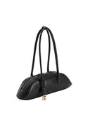 Black leather shoulder bag with an elongated oval shape, two thin straps, a gold-toned top zipper, and a small padlock charm.