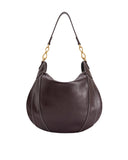 Dark brown slouchy shoulder bag with a single strap, gold-toned infinity chain links, and white contrast stitching.
