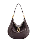 Dark brown leather shoulder bag with a soft, rounded hobo silhouette, gold-toned infinity-link chain details, and a unique pe