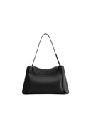 Black pebbled shoulder bag with a top flap, thin strap attached by gold-toned hardware, and two vertical strap details with r