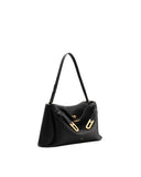 Black pebbled leather shoulder bag with a single strap, front flap, and two gold-toned buckle details.